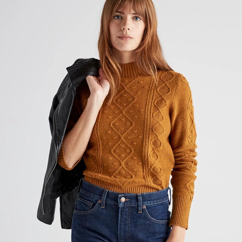 Lucky Brand Soft Mustard Yellow Preppy Bobble Cable Knit Mock Neck Sweater XS